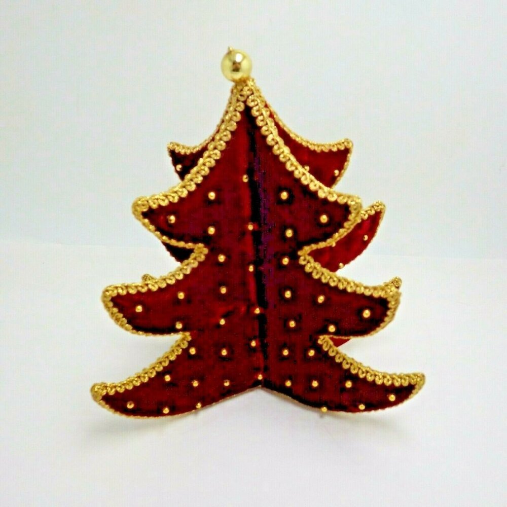 Christmas Tree Tabletop Velvet burgundy Gold Trim Beaded
